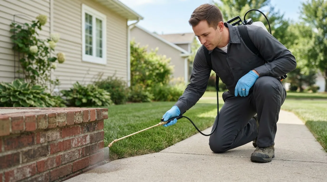 Pest control technician treating a home near Mechanicsburg, OH