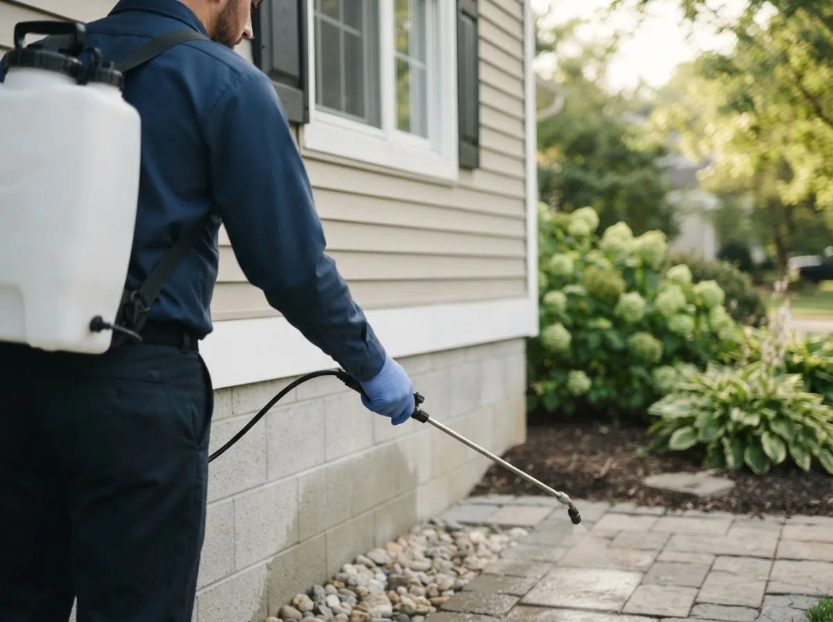 Pest control technician inspecting a home in Mechanicsburg, OH